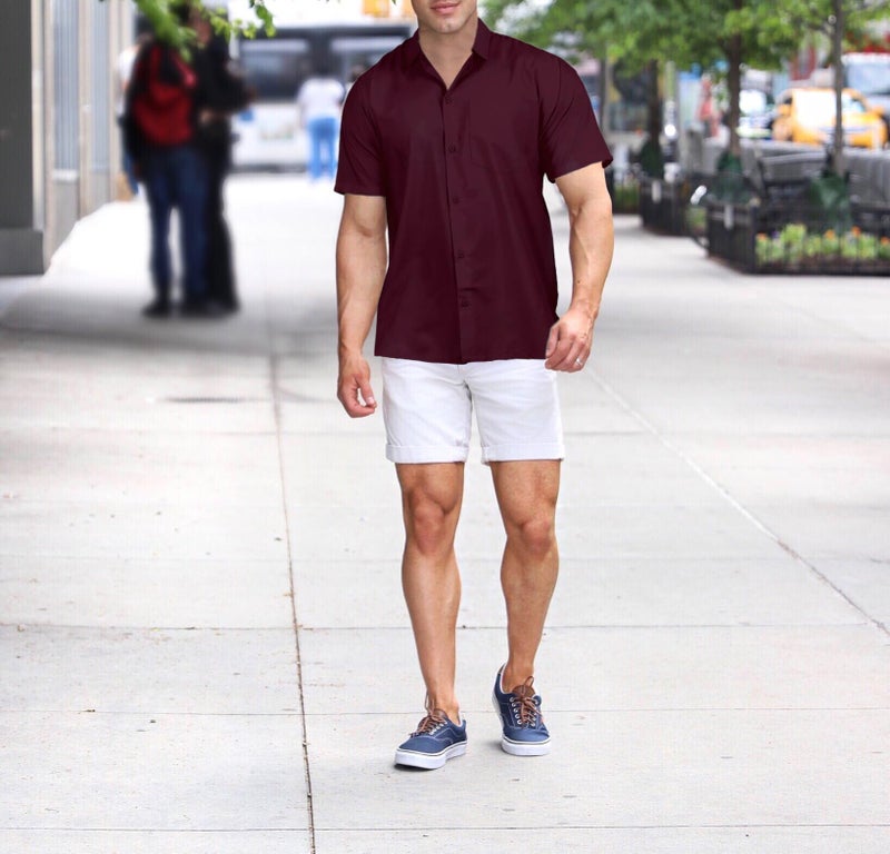 LA LEELA Mens Short Sleeve Button Down Summer Solid Shirts Casual Camp Vacation Shirt for Men Beach Business Work Shirt Tees with Pocket 4XL Maroon Plain - Image 4